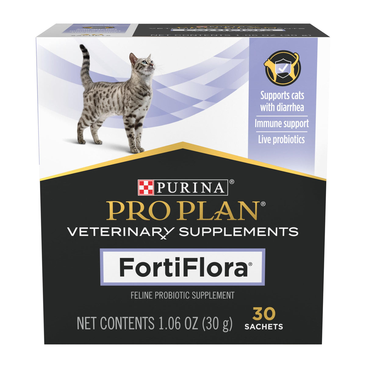 Purina Pro Plan FortiFlora daily probiotic powder for cats supports digestive balance.