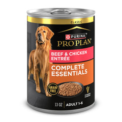 Purina Pro Plan grain-free beef-chicken pate entree in bowl for adult dogs