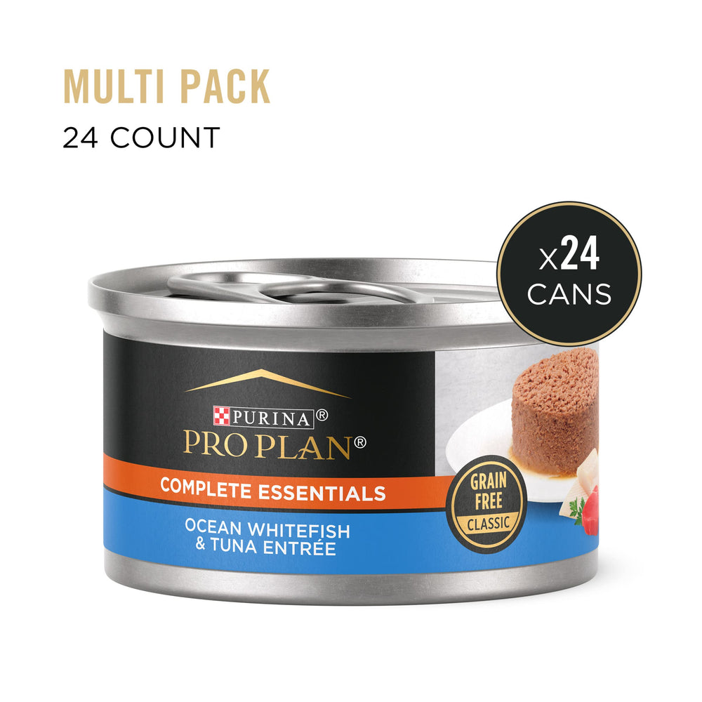 Purina Pro Plan Grain Free Essentials Pate close-up—grain-free formula for easy chewing.
