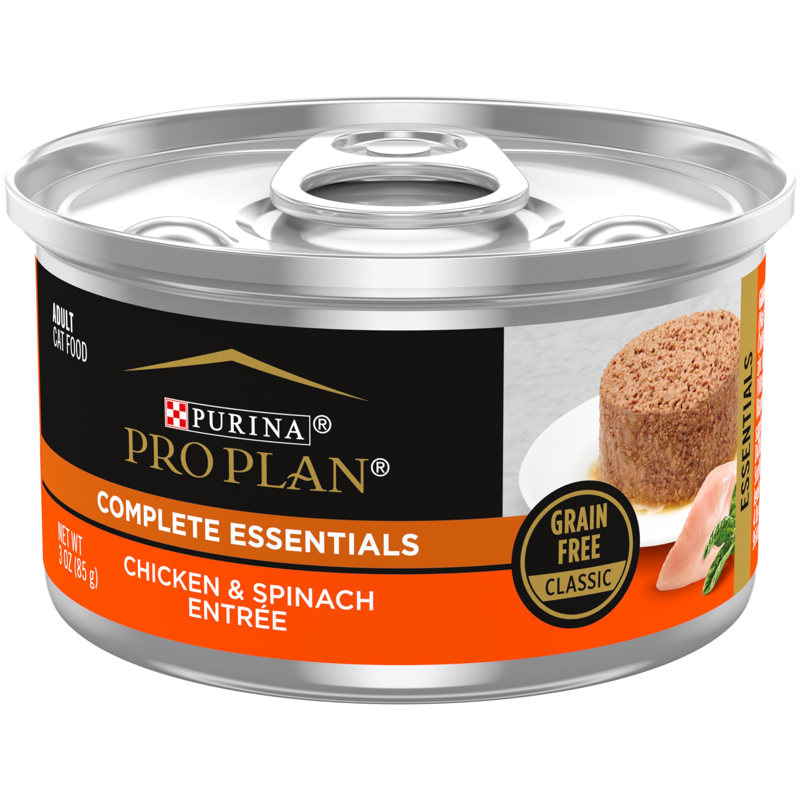 Purina Pro Plan grain-free pate can pack with chicken and spinach for balanced adult nutrition.