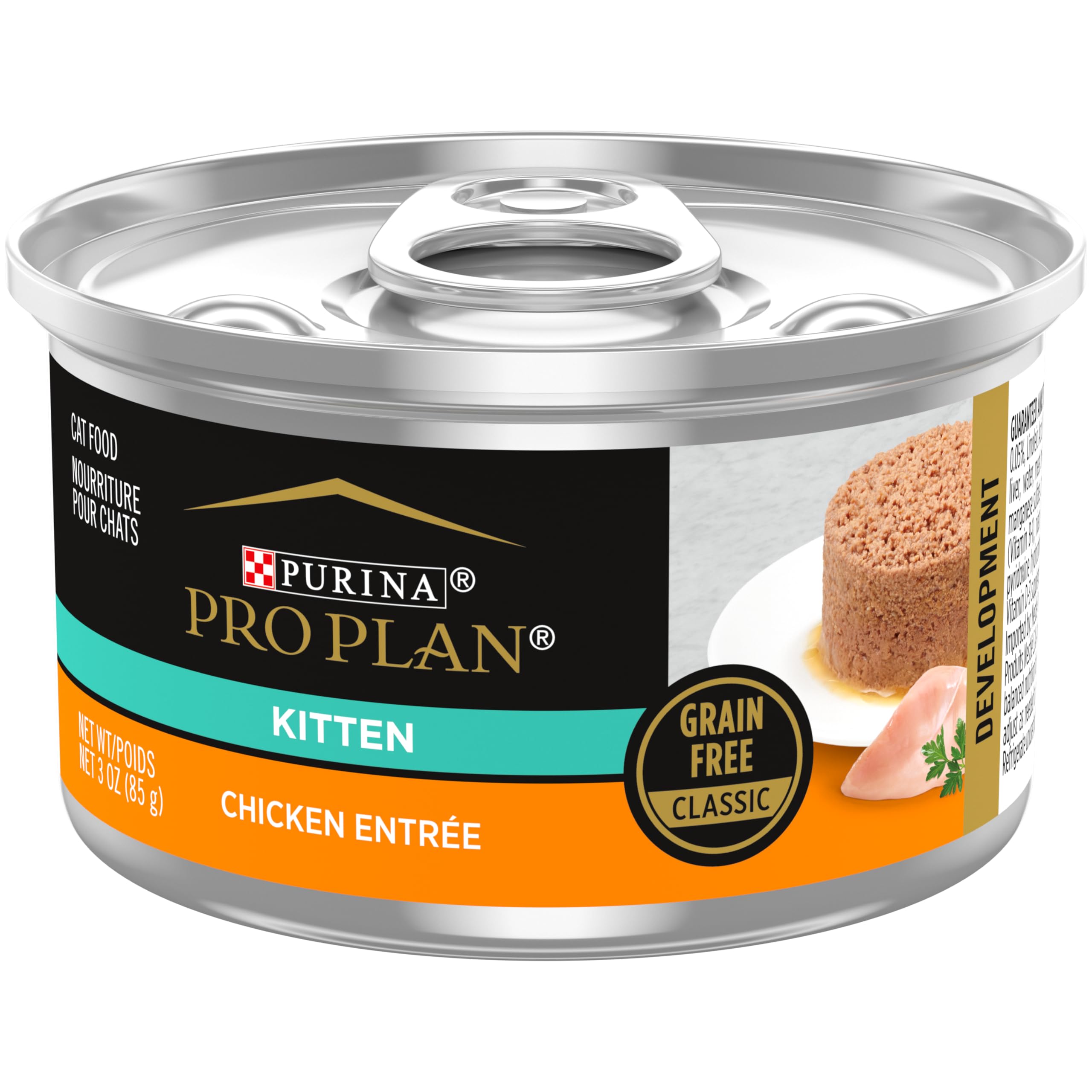 Purina Pro Plan grain free pate kitten-chicken entree 24-pack front view for easy feeding.