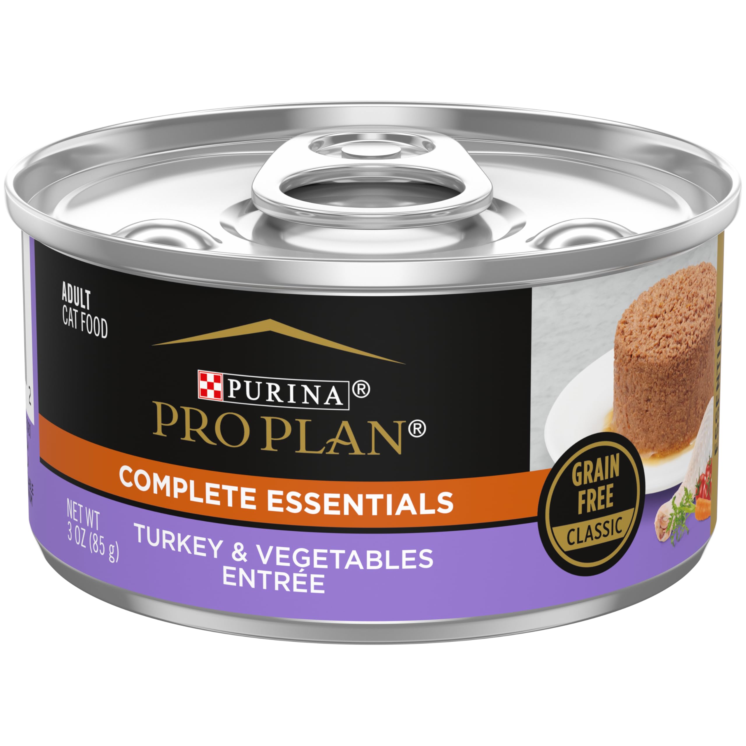 Purina Pro Plan grain free pate pull-top can front view highlighting 24-pack convenience