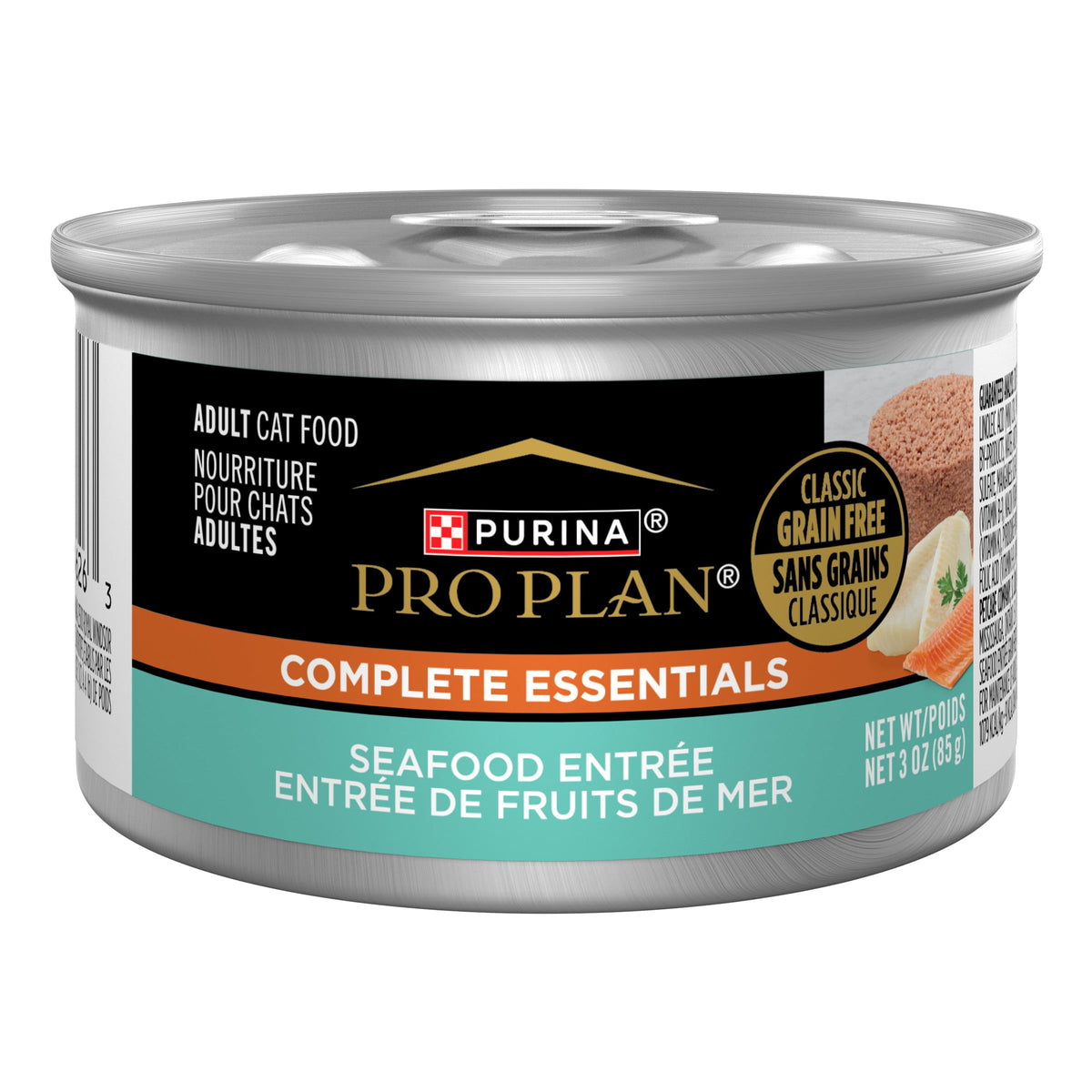 Purina Pro Plan Grain Free Seafood Entree pate can closeup with real seafood flavor for cats.