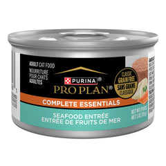 Purina Pro Plan Grain Free Seafood Entree pate can closeup with real seafood flavor for cats.