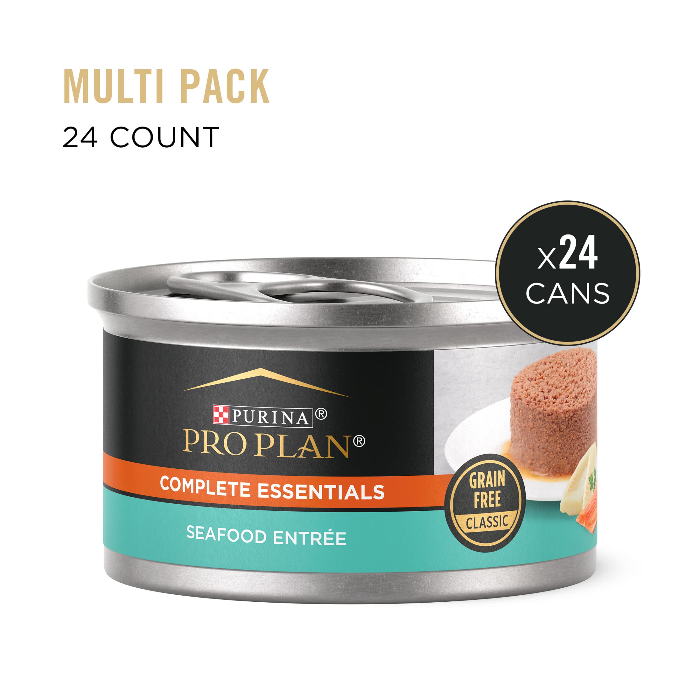 Purina Pro Plan Grain Free Seafood Entree pate ingredients label highlights no artificial colors.