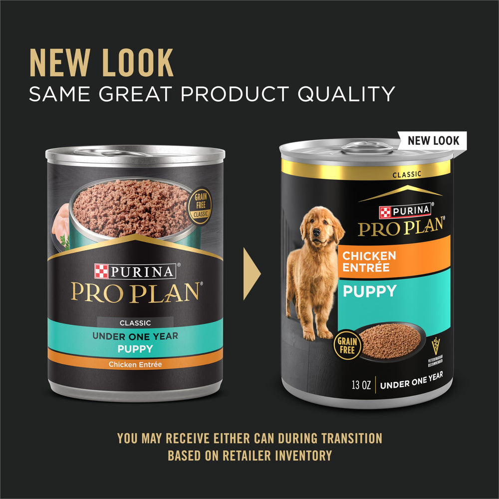 Purina Pro Plan grain-free wet puppy food Classic Chicken Entrée serving on a plate.