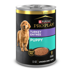 Purina Pro Plan grain-free wet puppy turkey entree 12-pack can label, turkey first ingredient