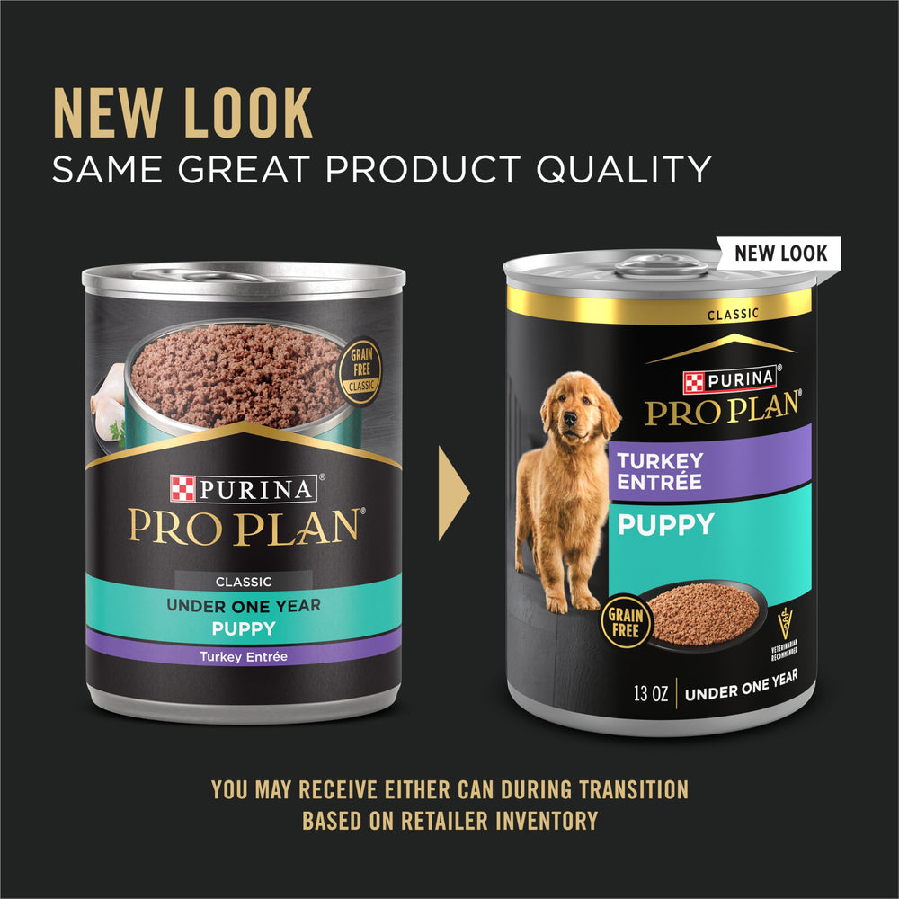 Purina Pro Plan grain-free wet puppy turkey entree 12-pack cans side view, protein-rich formula