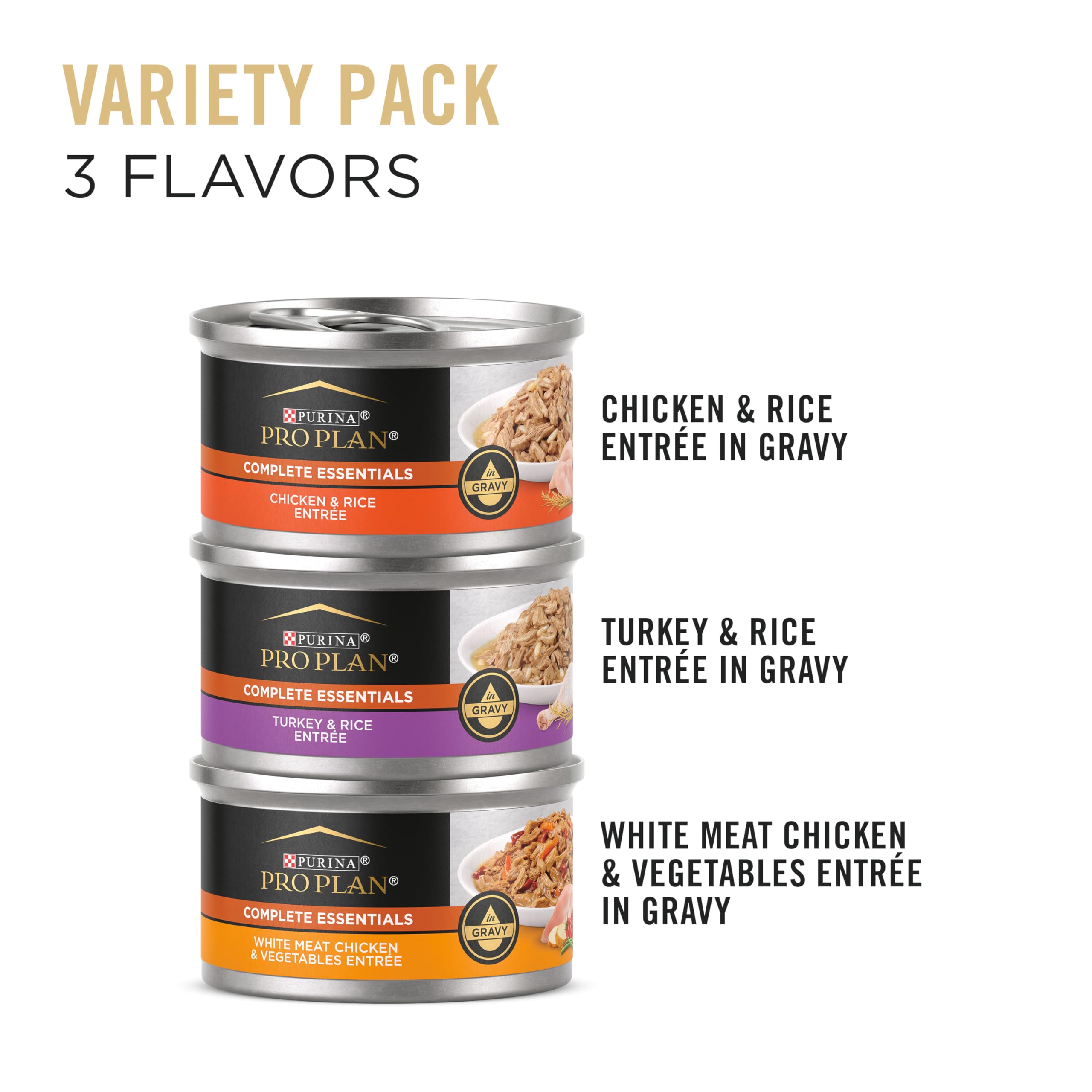 Purina Pro Plan Gravy pack cans chicken and turkey showcasing flavor rotation