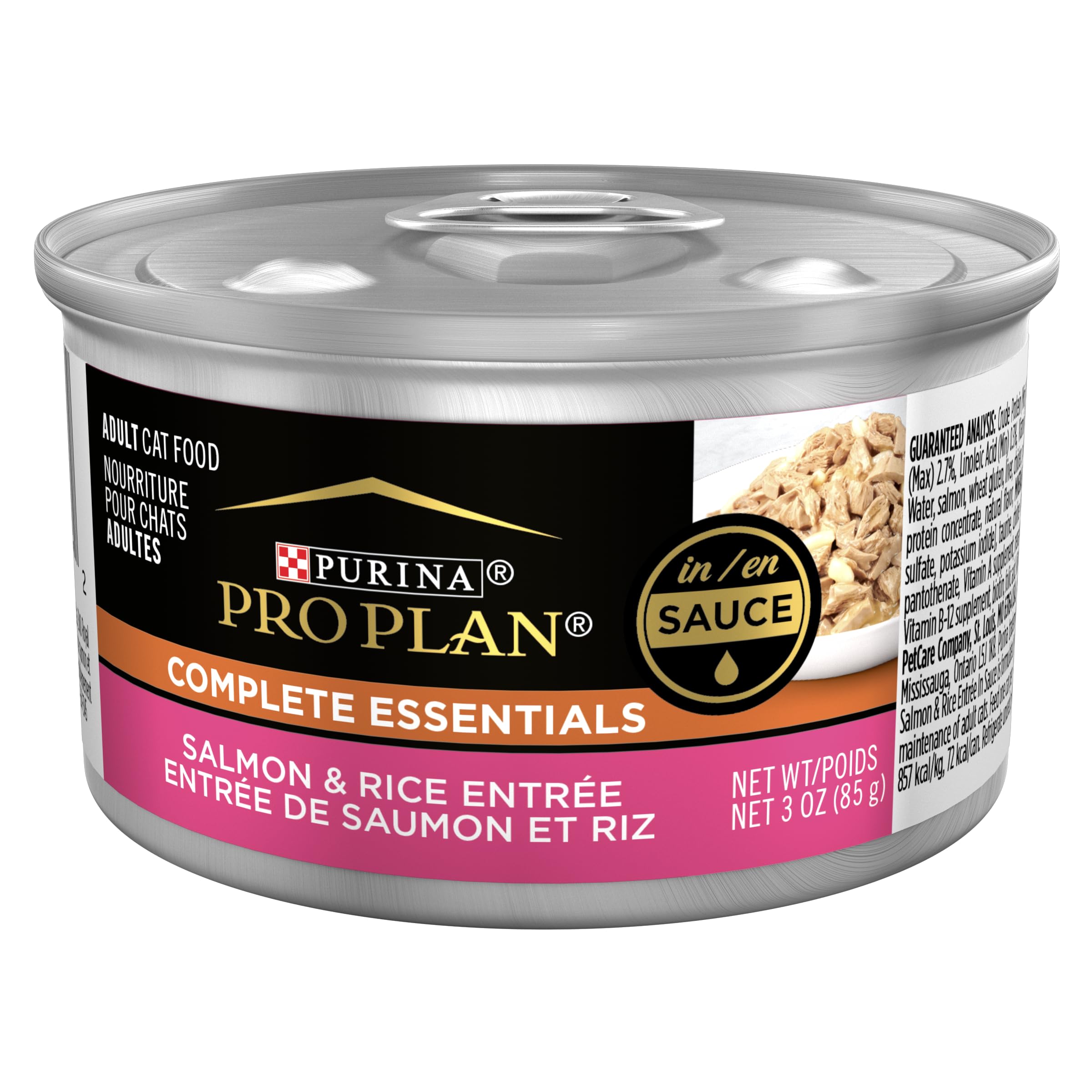 Purina Pro Plan Gravy Pate Salmon and Rice Entree in Sauce can with pull-top lid, tasty real salmon for adult cats