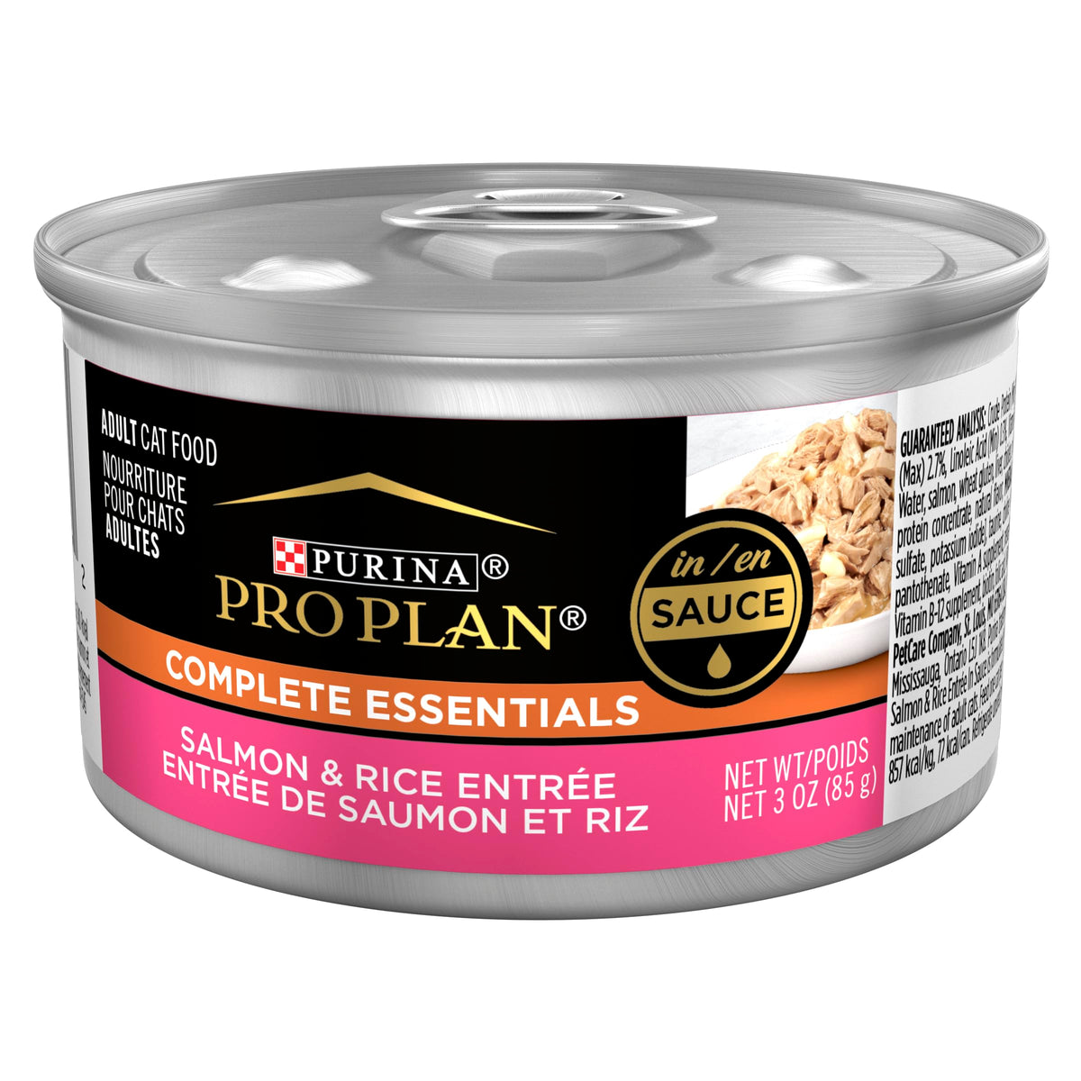 Purina Pro Plan Gravy Pate Salmon and Rice Entree in Sauce can with pull-top lid, tasty real salmon for adult cats