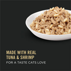 Purina Pro Plan Gravy served cat bowl with tuna, shrimp, and rice for mealtime.