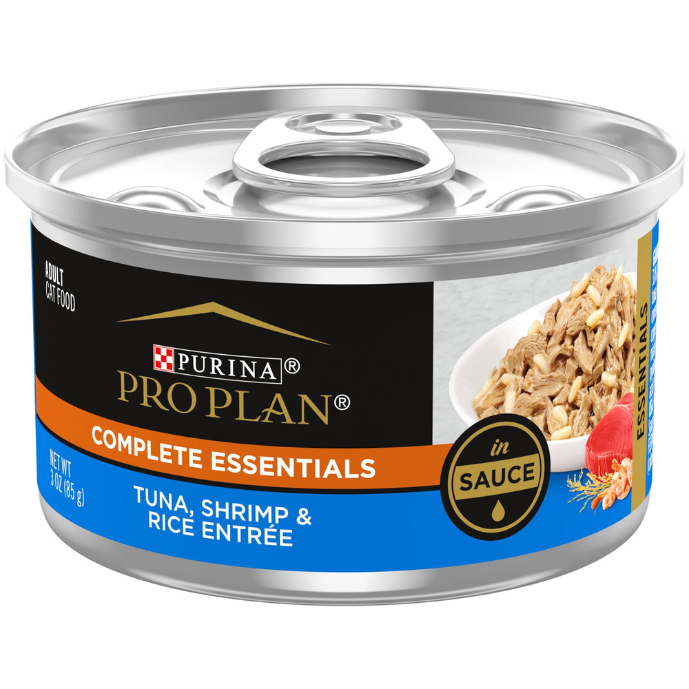 Purina Pro Plan Gravy tuna-shrimp-rice entree in sauce closeup, savory flavor for adult cats.