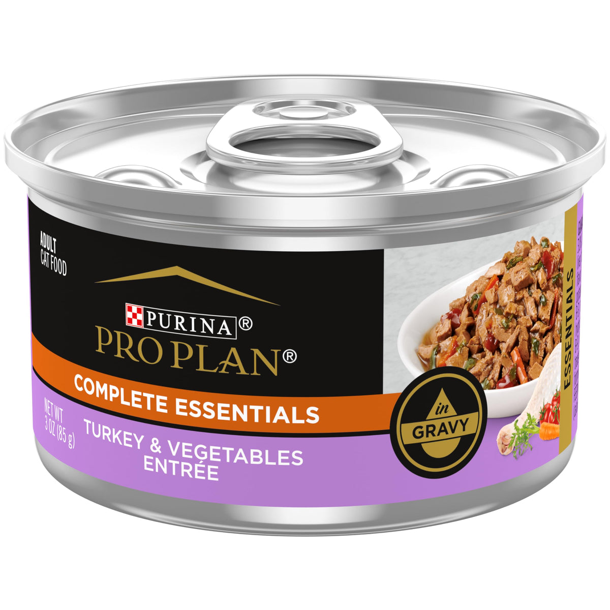 Purina Pro Plan Gravy wet cat food with real turkey and vegetables in savory gravy for adult cats.