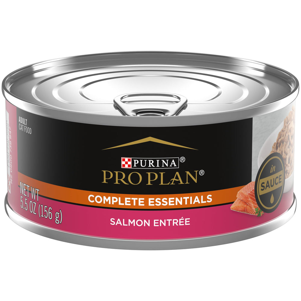 Purina Pro Plan Gravy Salmon Entree in Sauce close-up showing real salmon for flavor and protein.