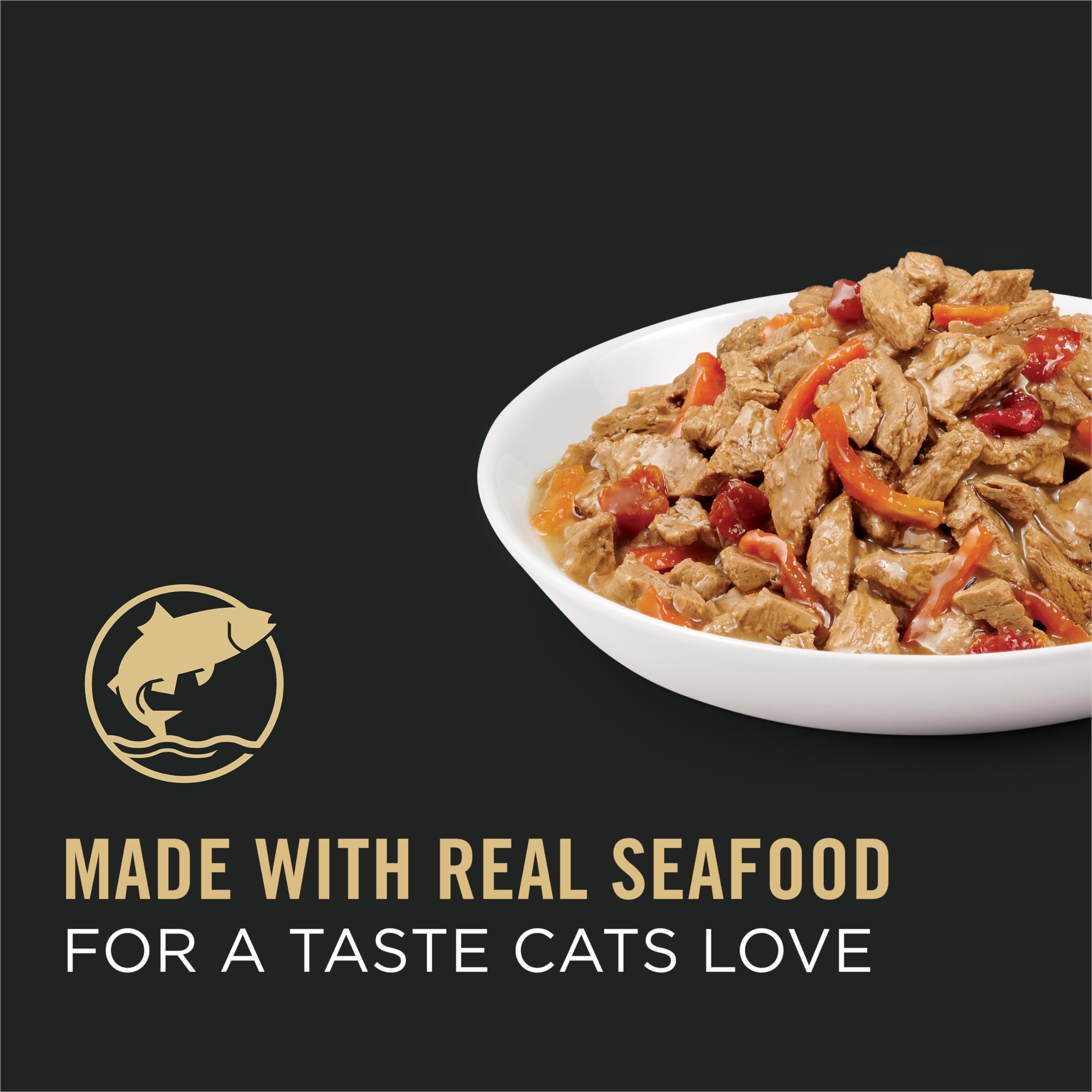 Purina Pro Plan Gravy Wet Cat Food Seafood Stew close-up with real seafood