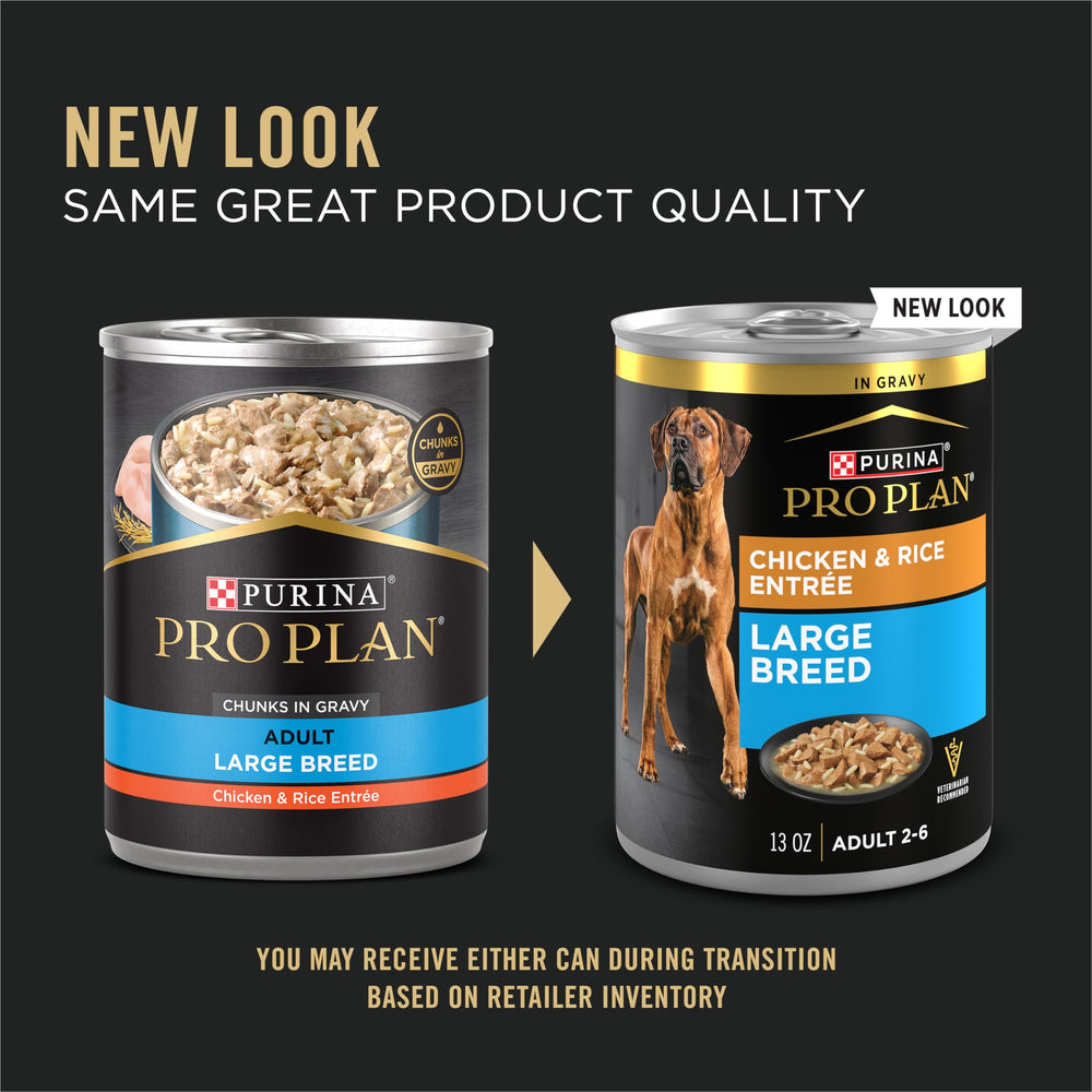 Purina Pro Plan Gravy Wet Dog Food can label, highlights complete nutrition for large breeds.
