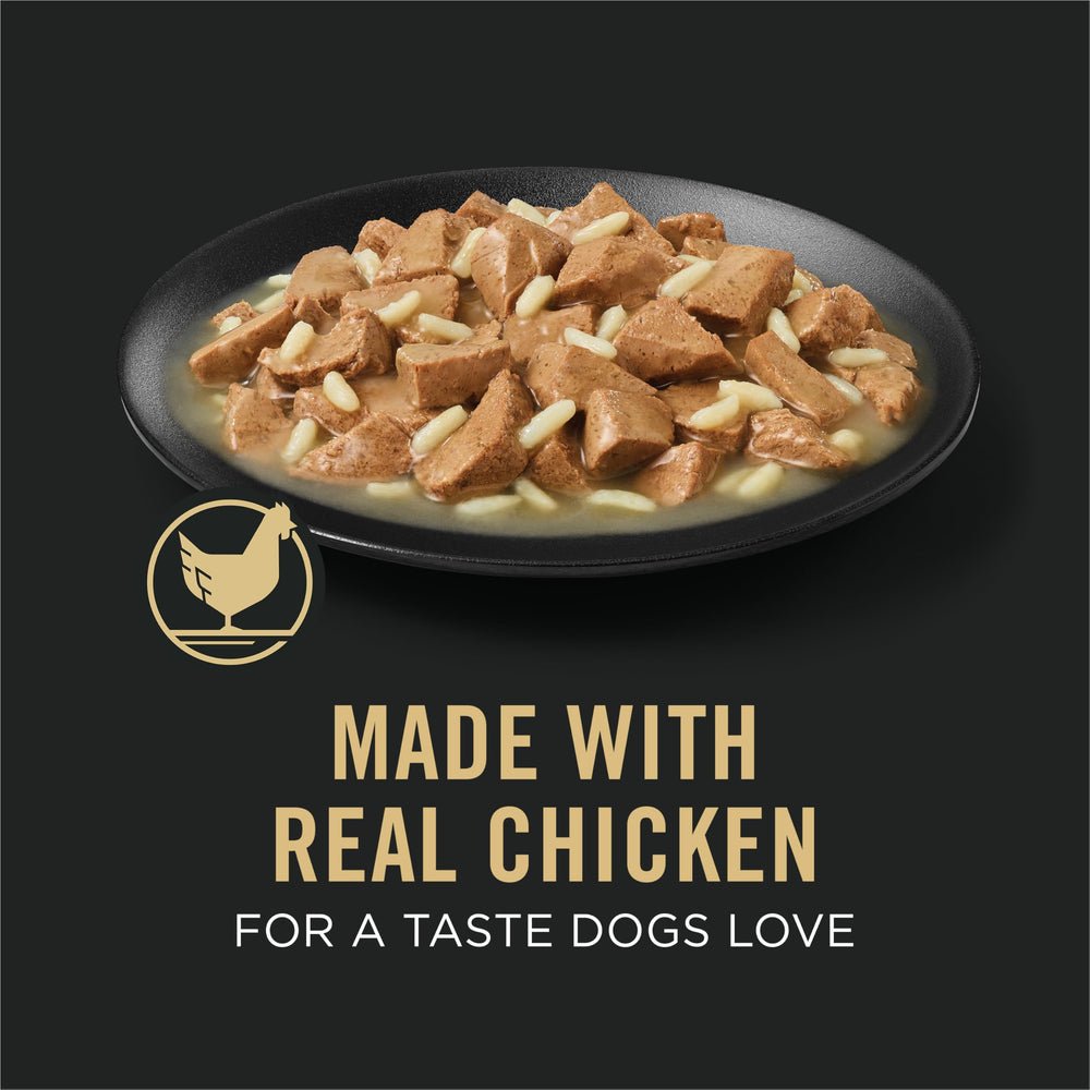 Purina Pro Plan Gravy Wet Dog Food can label shows 23 vitamins and minerals.