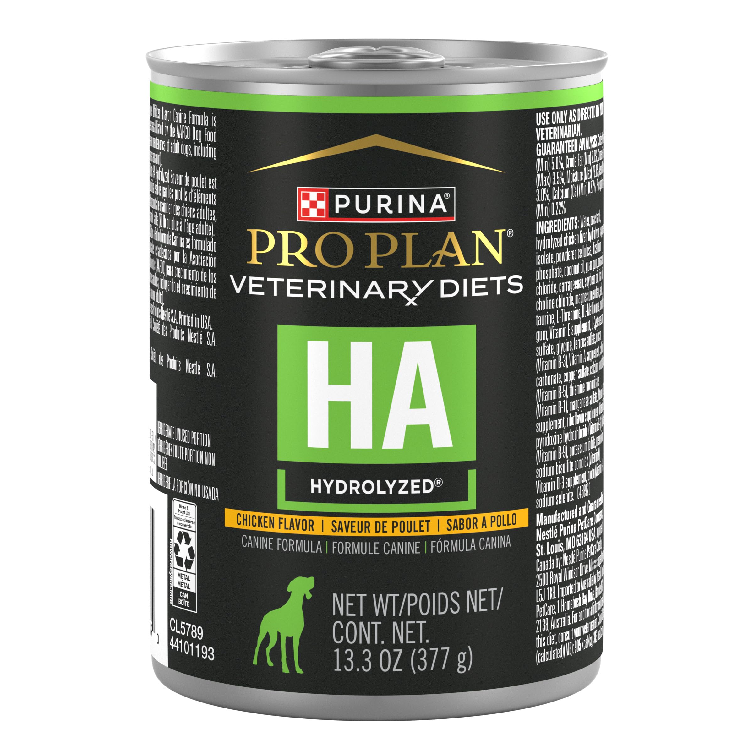 Purina Pro Plan HA hydrolyzed chicken wet dog food can front view for gentle digestion