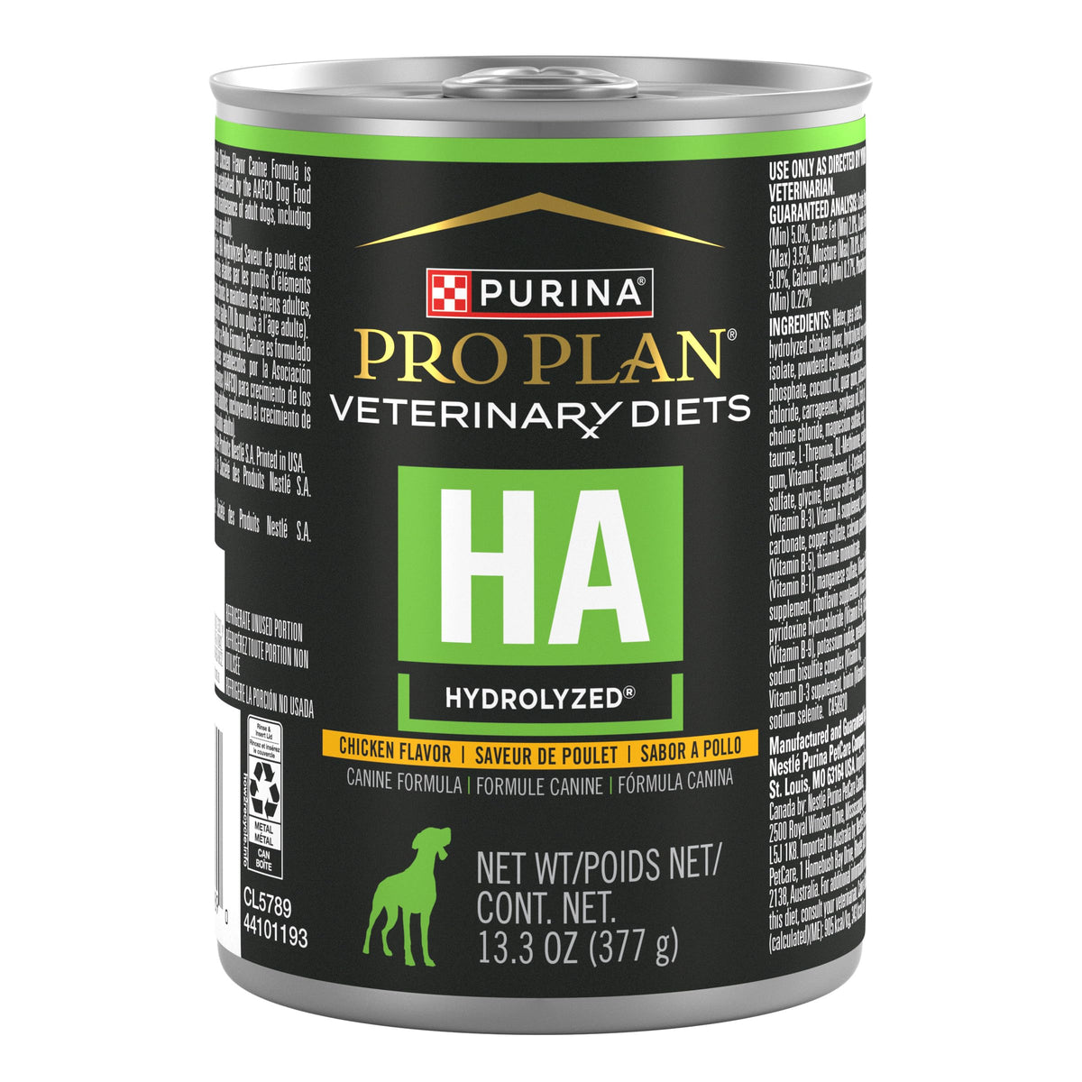 Purina Pro Plan HA hydrolyzed chicken wet dog food can front view for gentle digestion