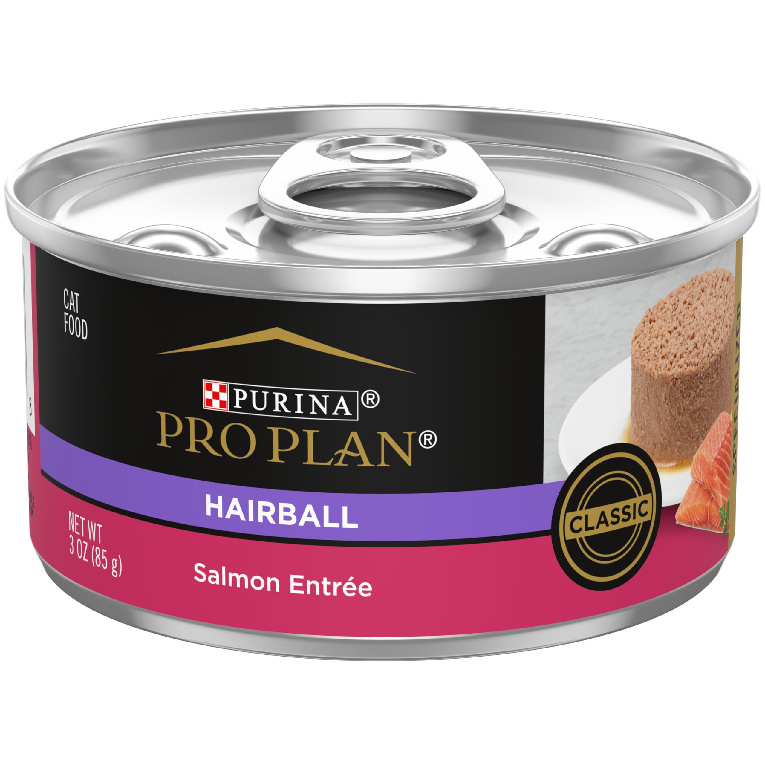 Purina Pro Plan Hairball Control wet pate can close-up showing real salmon as first ingredient for protein