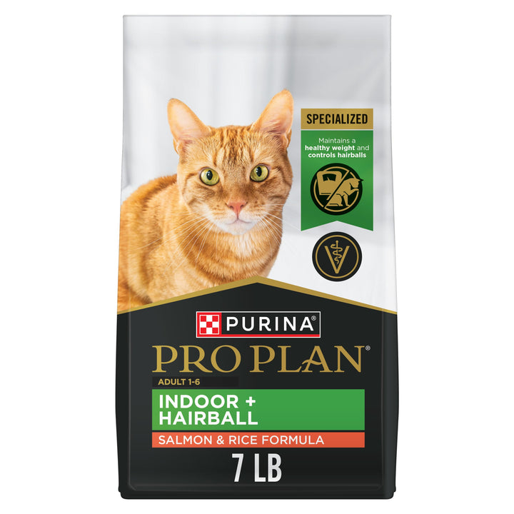 Purina Pro Plan hairball indoor packaging front shows the 7 lb bag for indoor cats