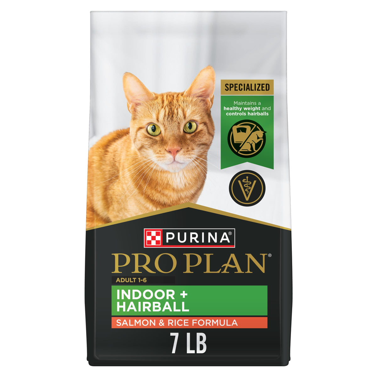 Purina Pro Plan hairball indoor packaging front shows the 7 lb bag for indoor cats