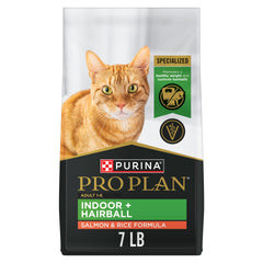 Purina Pro Plan hairball indoor packaging front shows the 7 lb bag for indoor cats