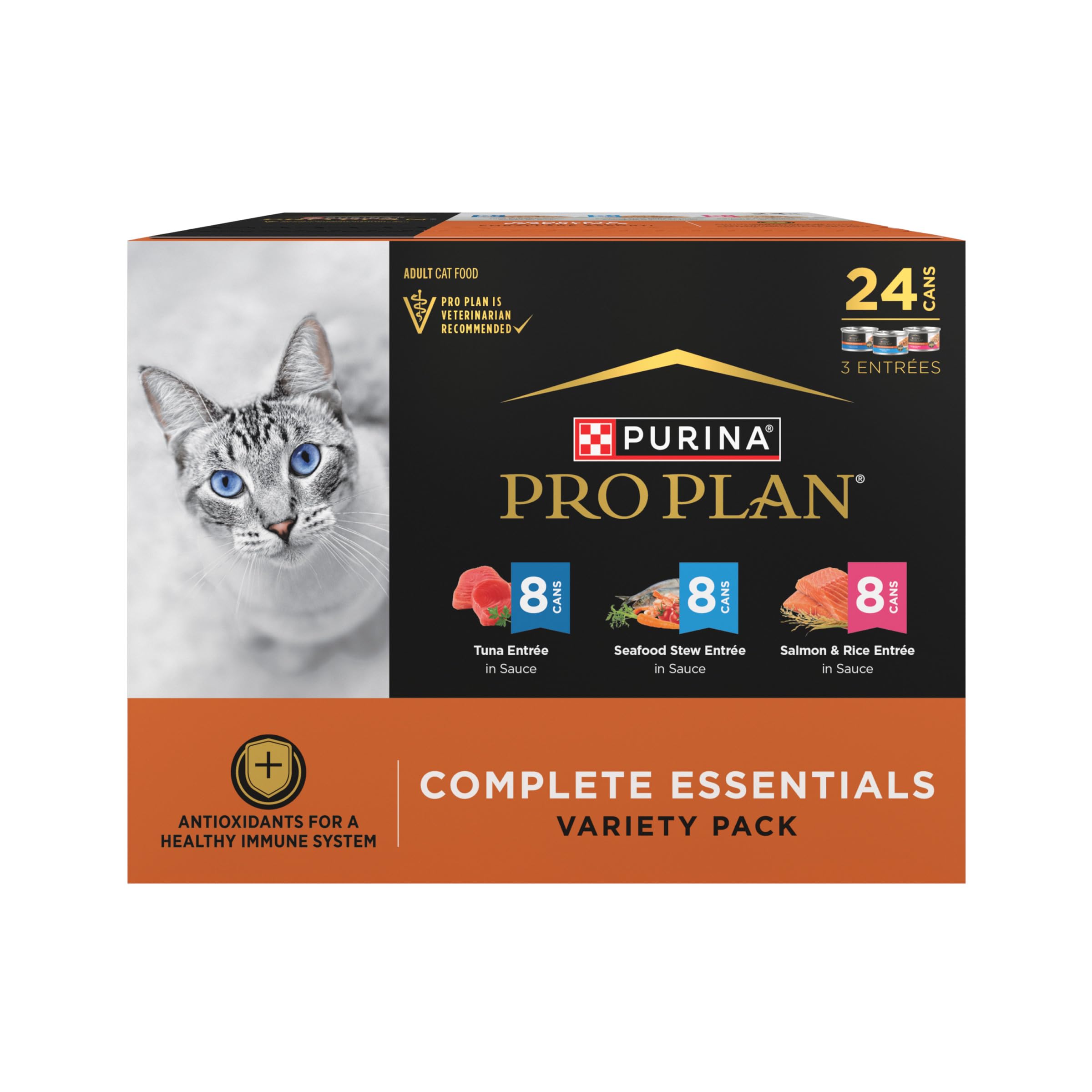 Purina Pro Plan Seafood Favorites can front view; high-protein nutrition for lean muscle.