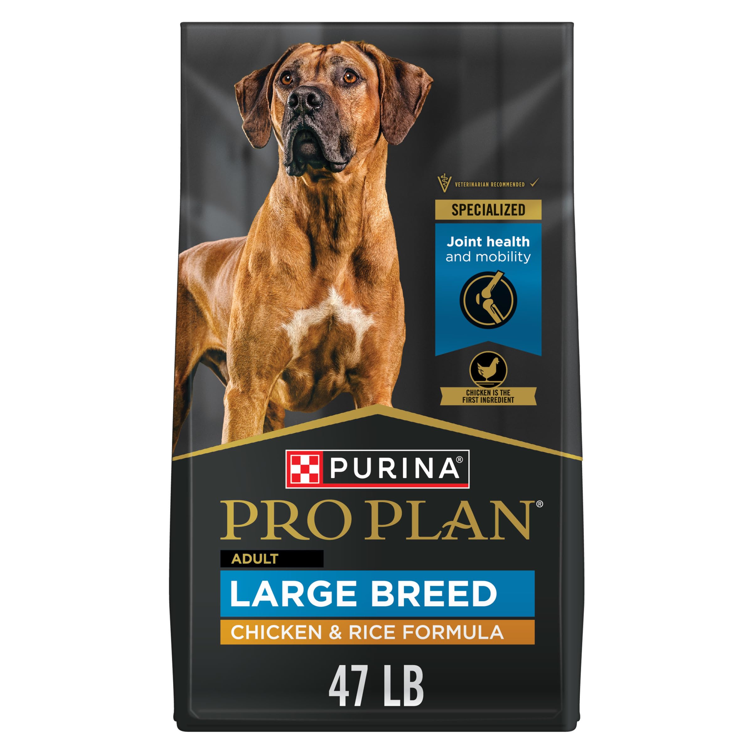 Purina Pro Plan high protein large breed dog food bag closeup highlighting lean muscle support.