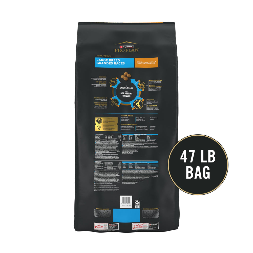 Purina Pro Plan high protein large breed dog food bag side label with nutrition highlights.