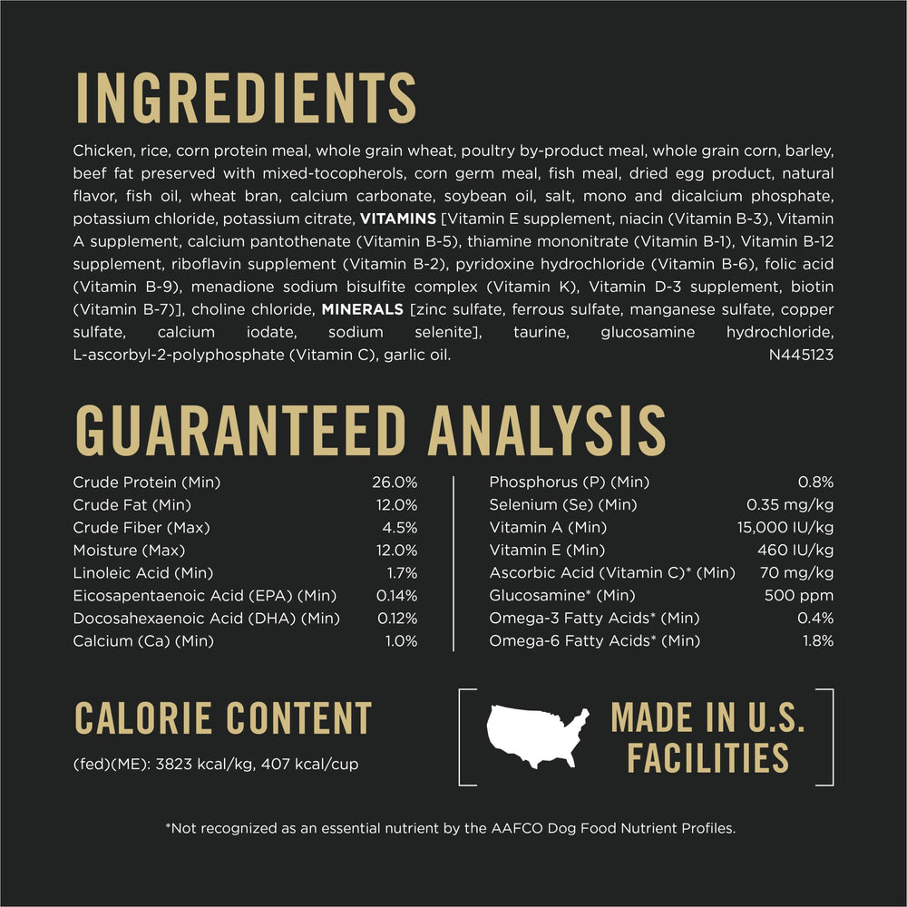 Purina Pro Plan high protein large breed dog food served in dish illustrating portioning.