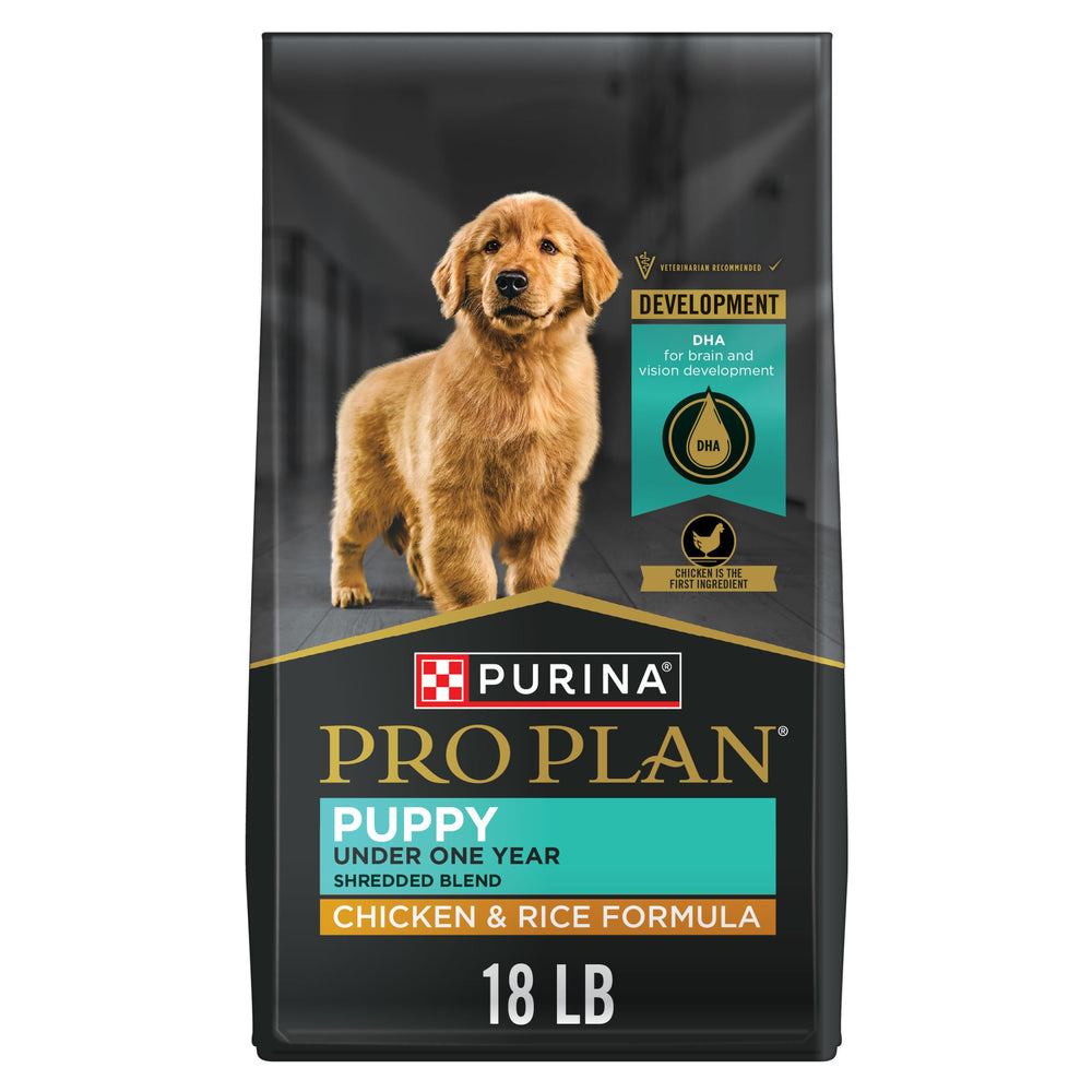 Purina Pro Plan High Protein Puppy bag front shows 18 lb size for growing puppies