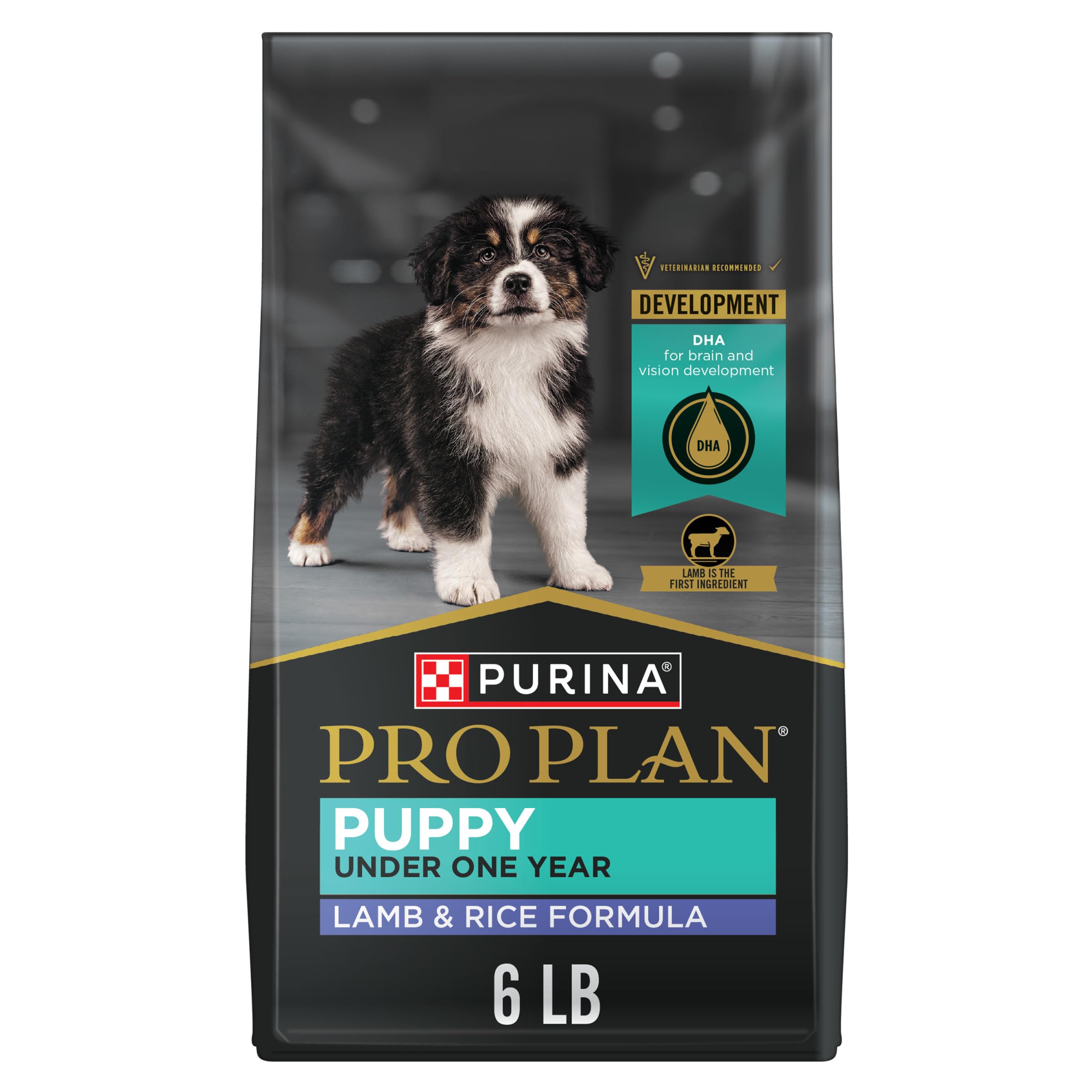Purina Pro Plan High-Protein Puppy with real lamb on bag front supports lean muscle growth.