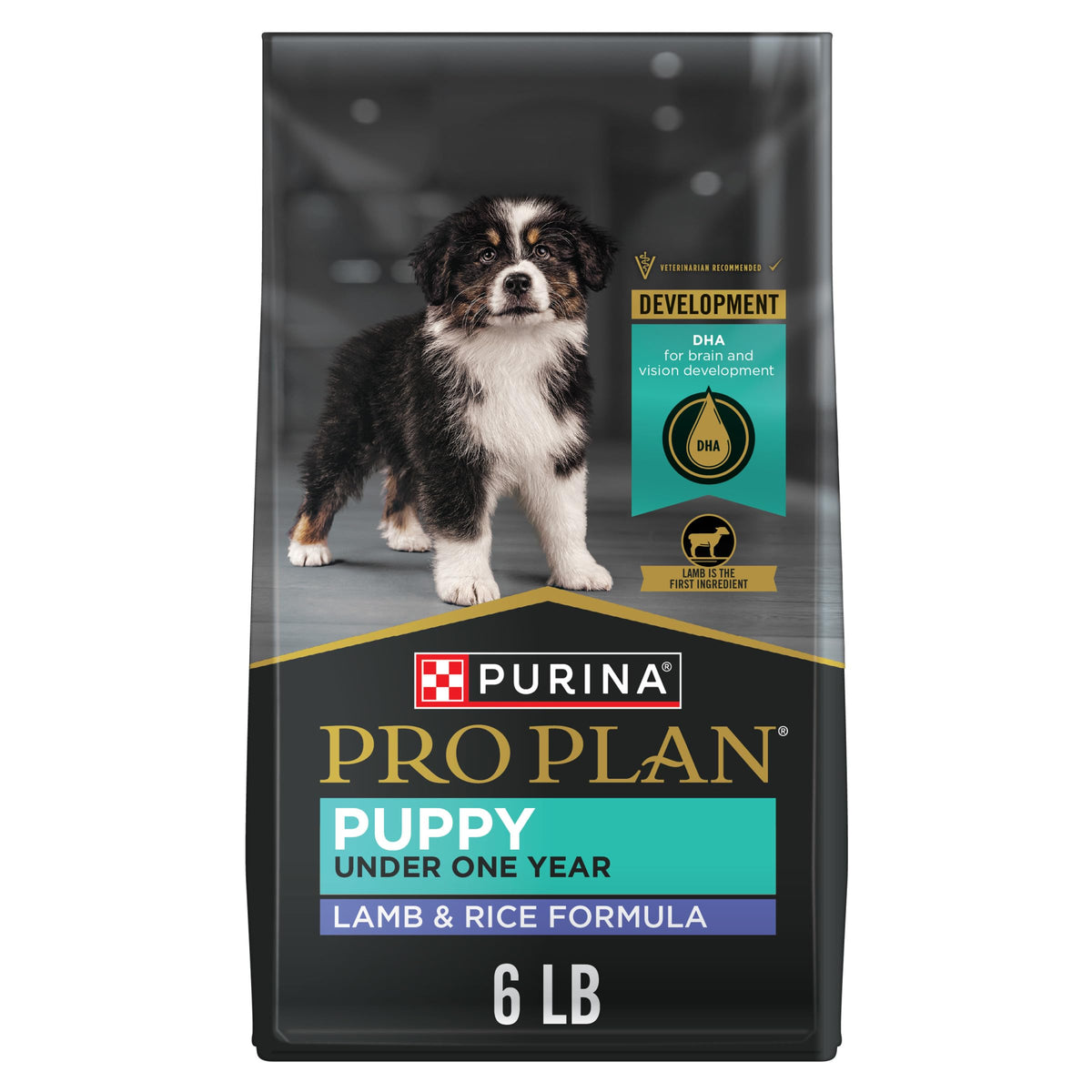 Purina Pro Plan High-Protein Puppy with real lamb on bag front supports lean muscle growth.
