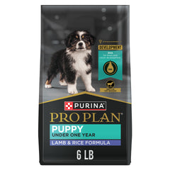 Purina Pro Plan High-Protein Puppy with real lamb on bag front supports lean muscle growth.
