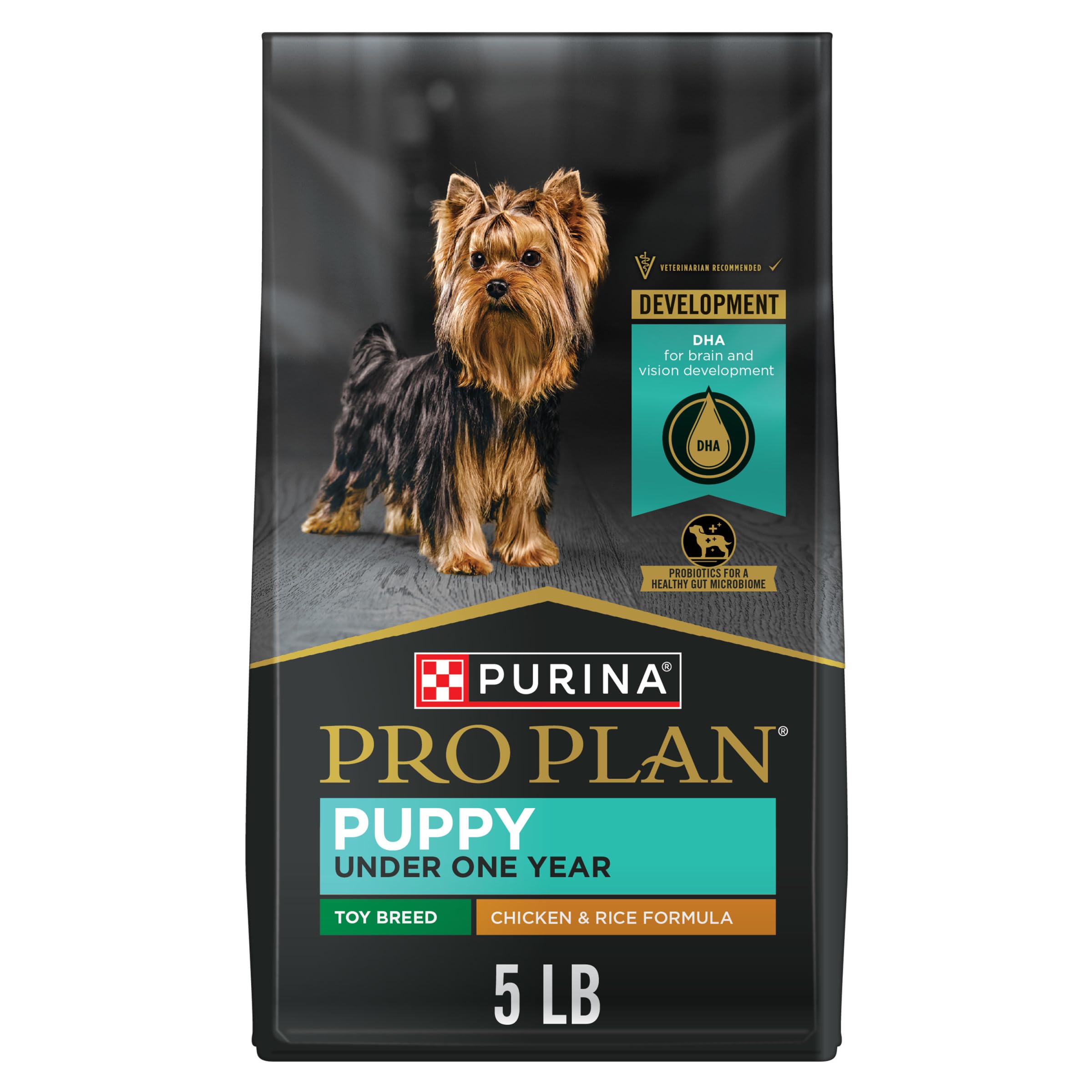 Purina Pro Plan High Protein Toy Breed Puppy Food front of bag featuring real chicken formula