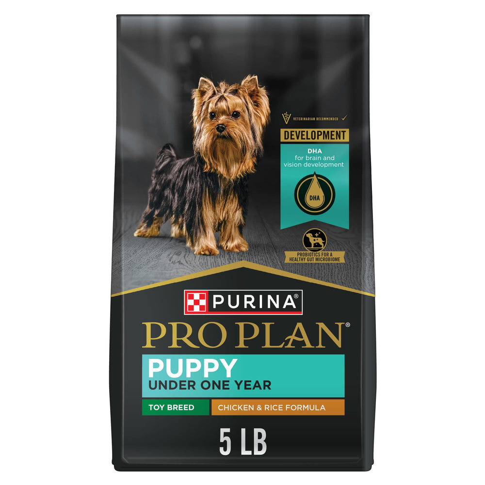 Purina Pro Plan High Protein Toy Breed Puppy Food front of bag featuring real chicken formula