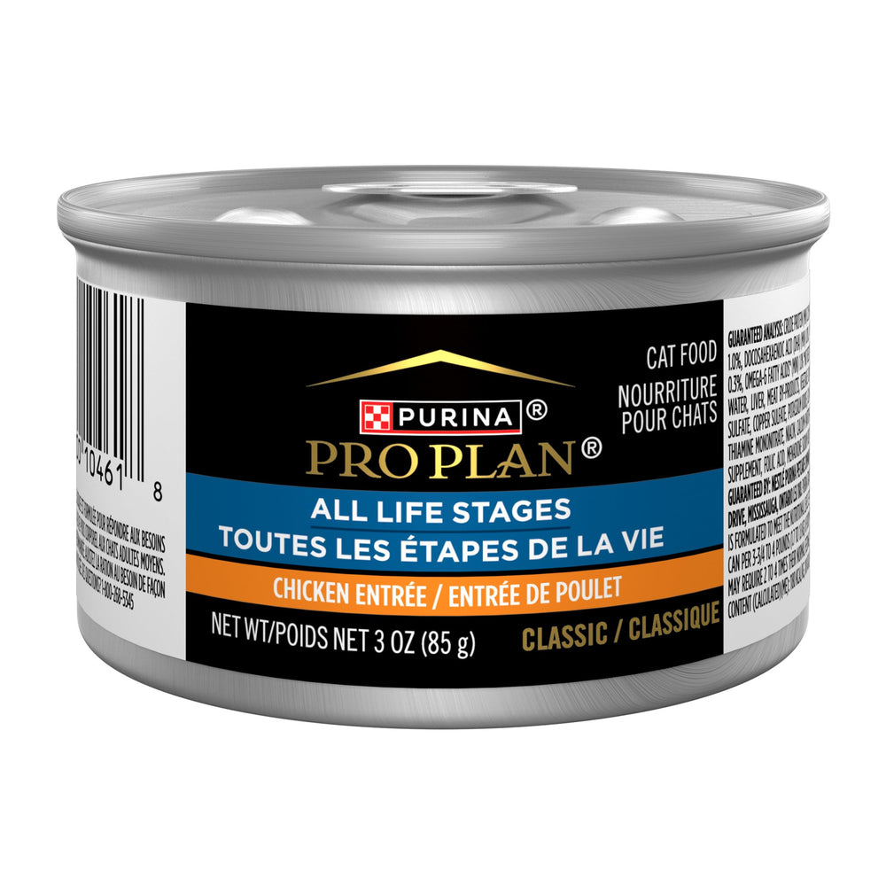 Purina Pro Plan high protein wet cat food in a 3oz can for all life stages.