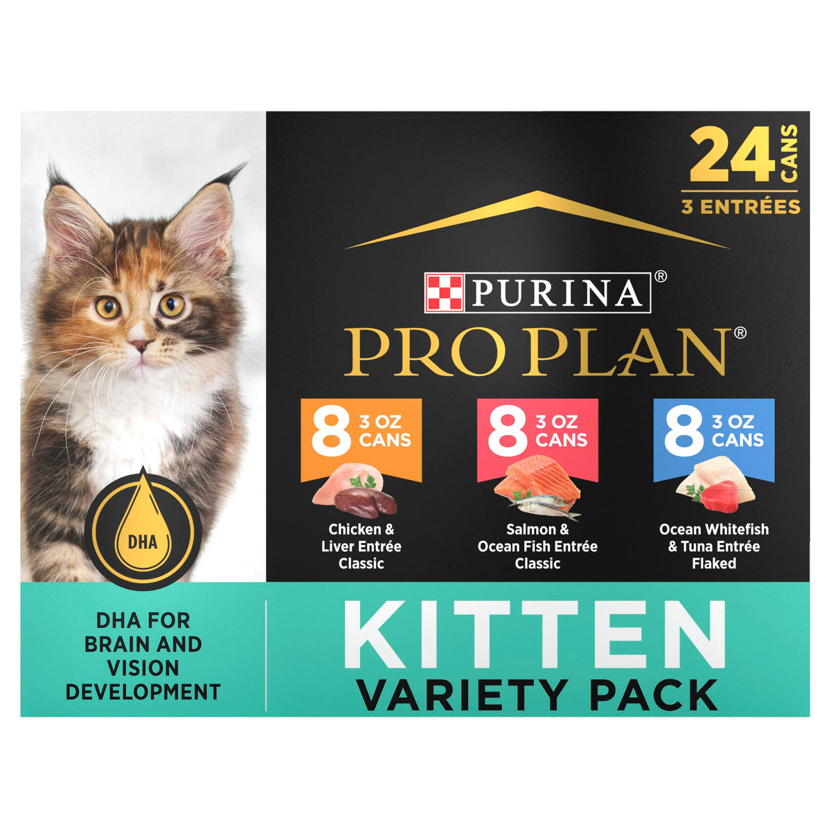 Purina Pro Plan High Protein Kitten Wet Food can closeup showing tender texture for growing kittens