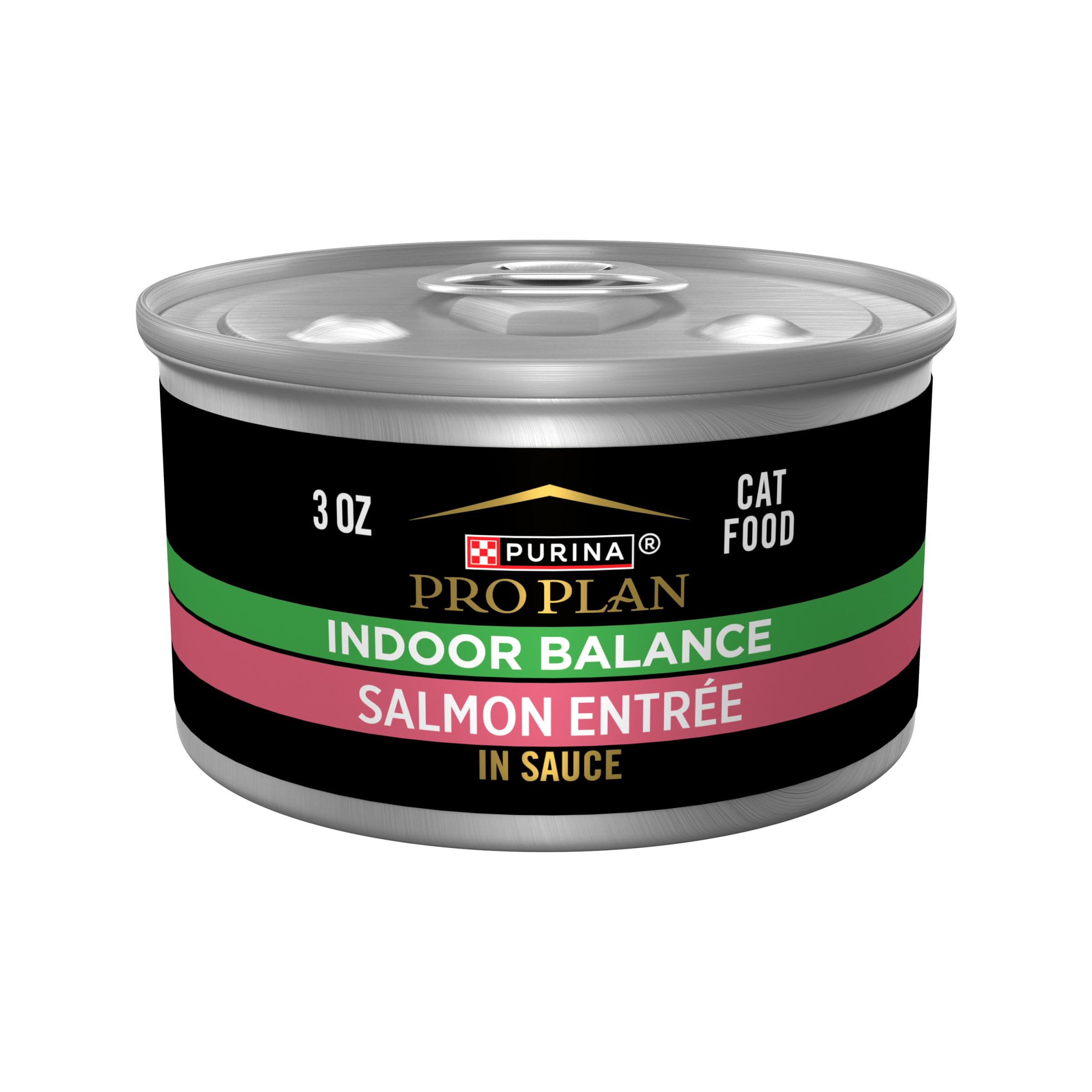 Purina Pro Plan Indoor Balance grilled salmon entree cans show real salmon for indoor cats