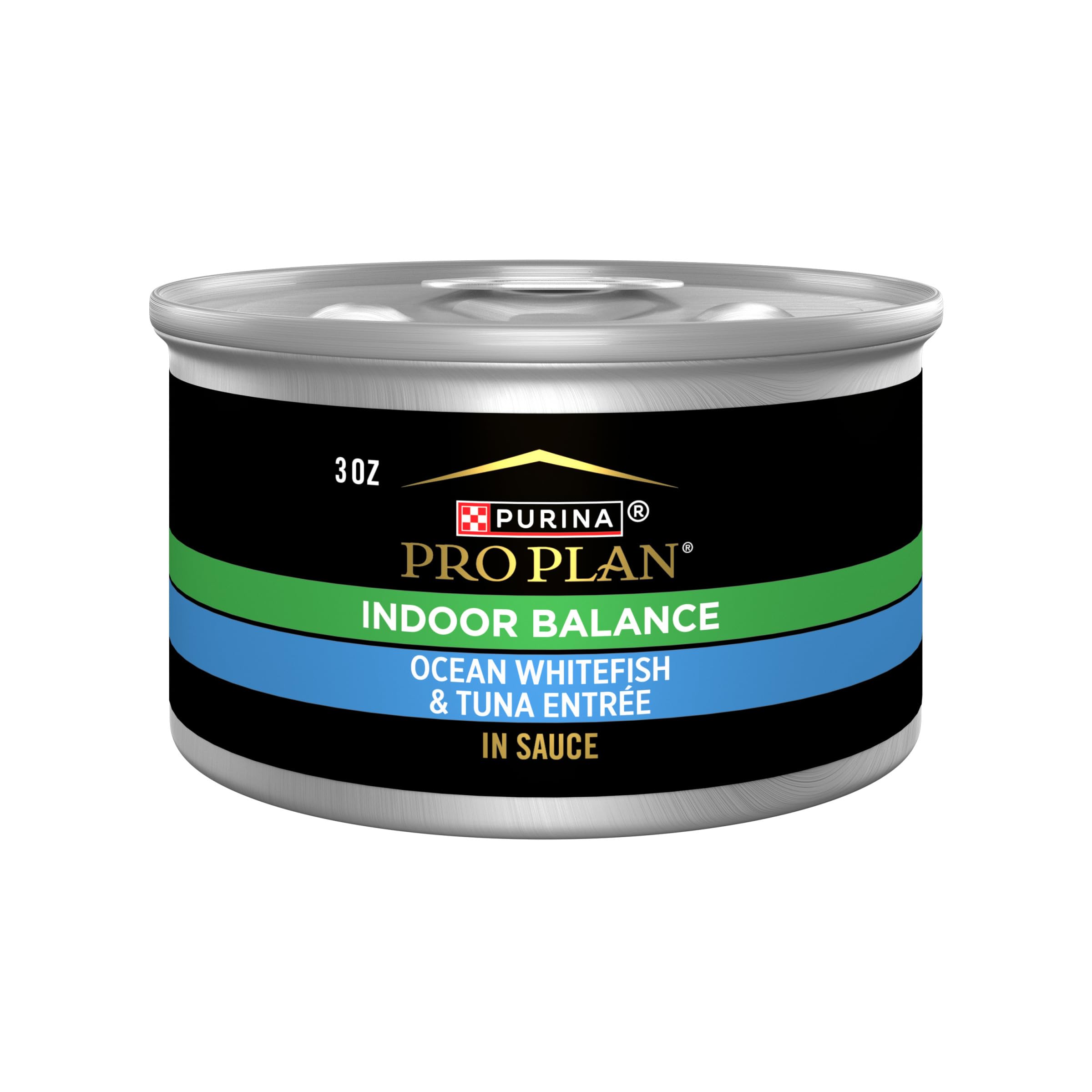 Purina Pro Plan Indoor Balance with ocean whitefish and tuna in sauce, ideal for indoor cats.