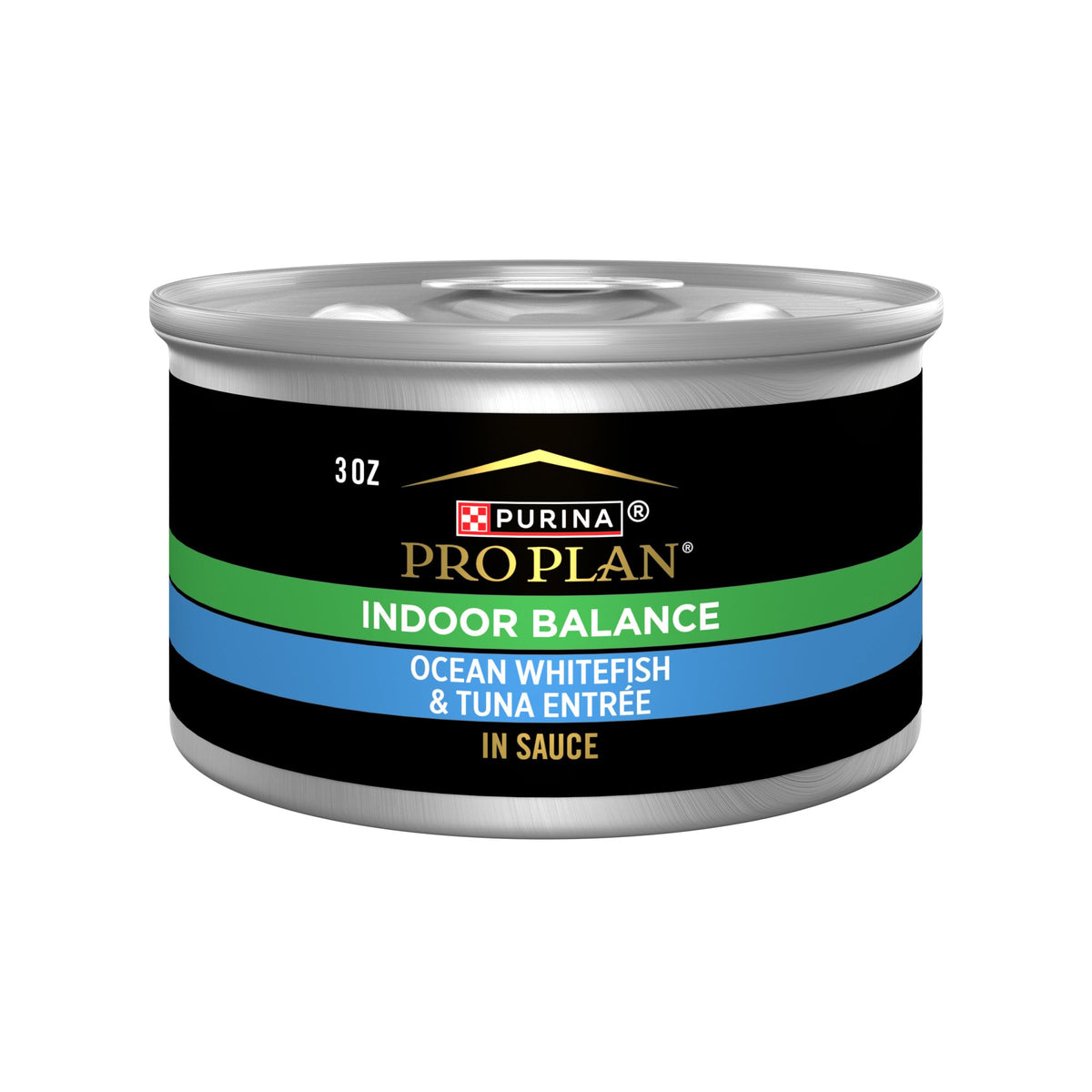 Purina Pro Plan Indoor Balance with ocean whitefish and tuna in sauce, ideal for indoor cats.