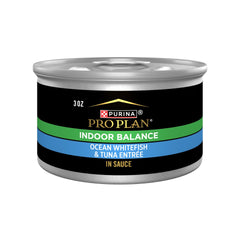 Purina Pro Plan Indoor Balance with ocean whitefish and tuna in sauce, ideal for indoor cats.