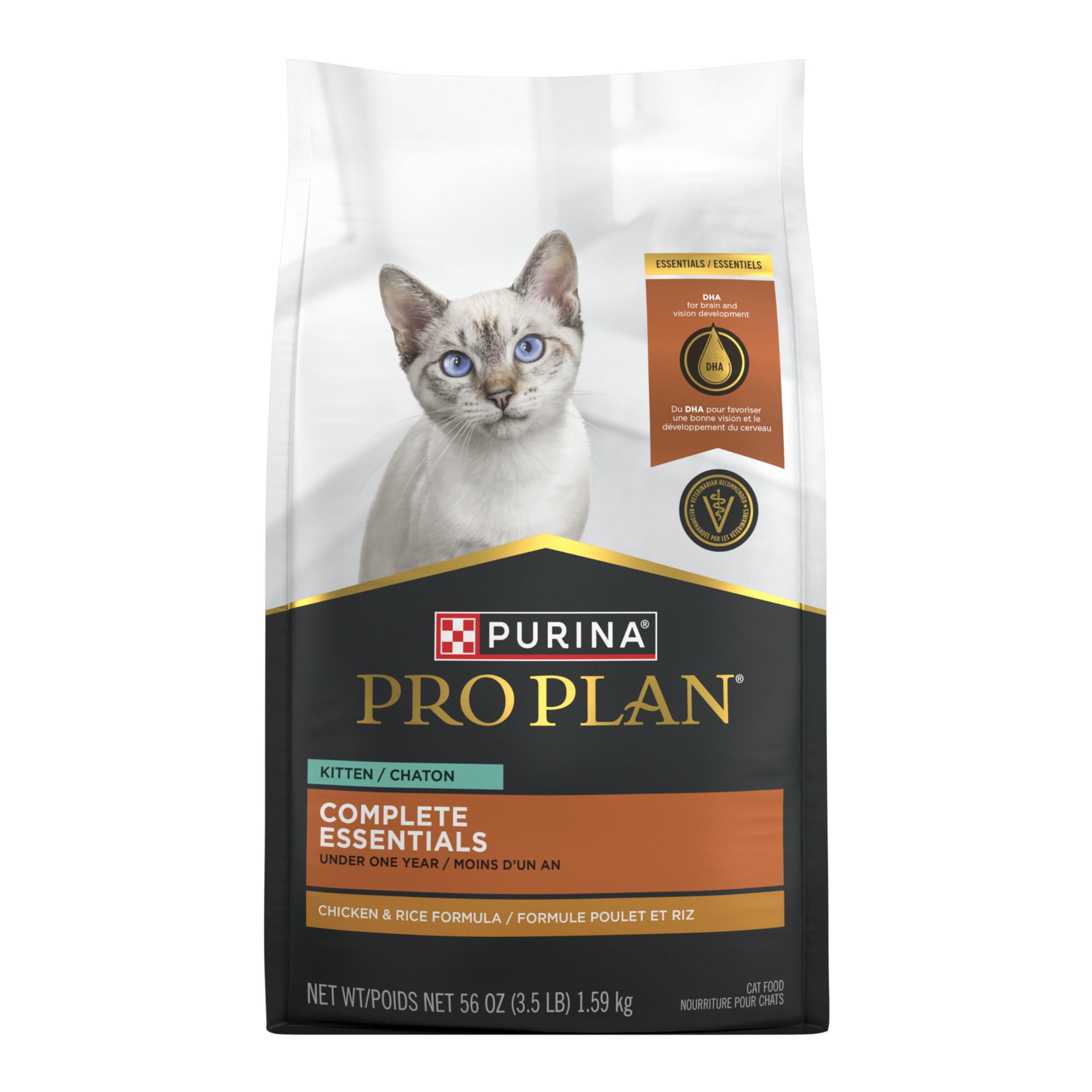 Purina Pro Plan kitten dry food kibble-chicken-rice supports balanced growth.