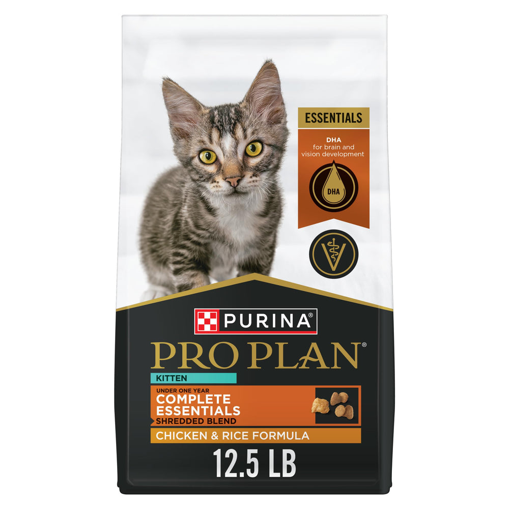 Purina Pro Plan Kitten kibble with real chicken and crunchy bites.