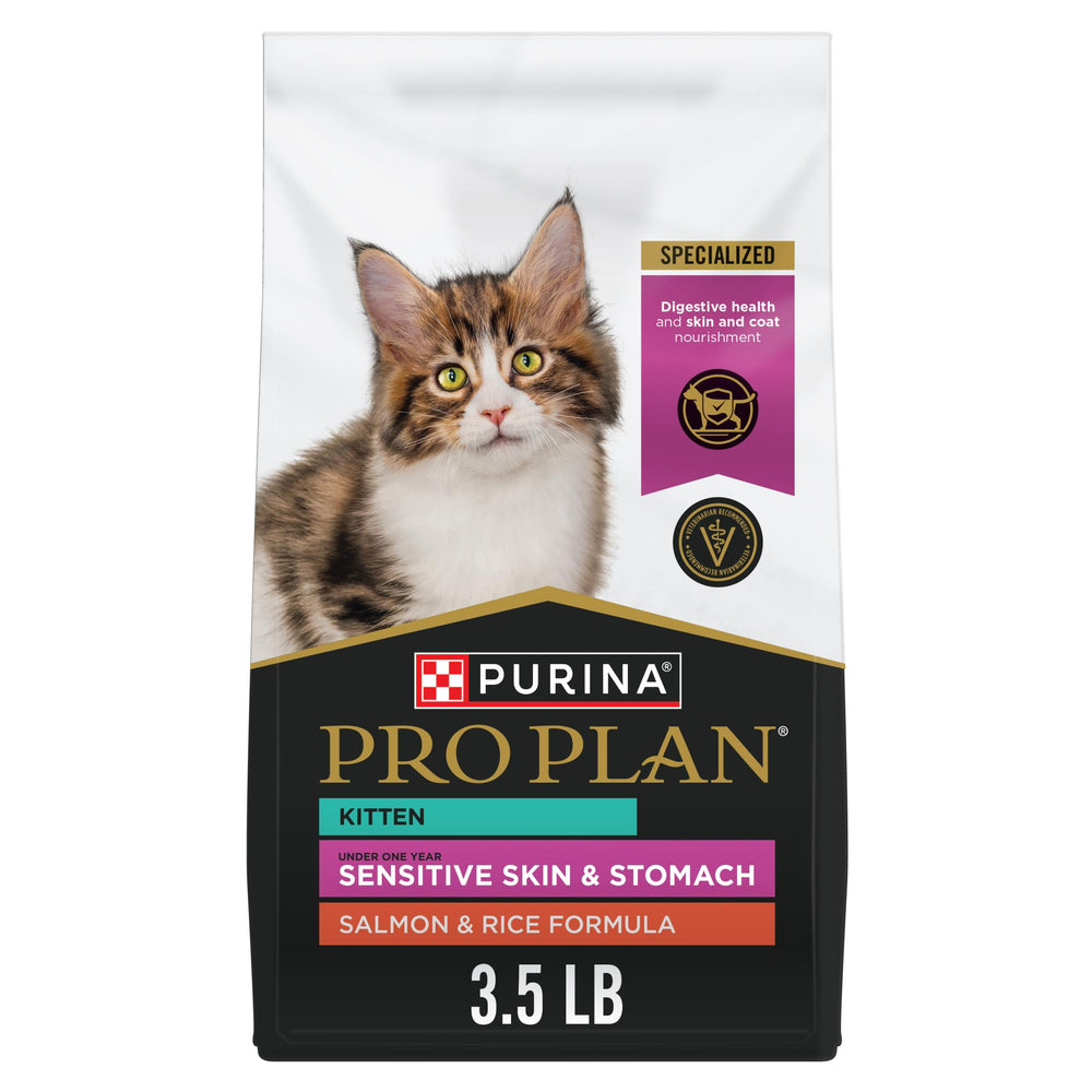 Purina Pro Plan kitten salmon and rice kibble close-up showing protein-rich texture for growth