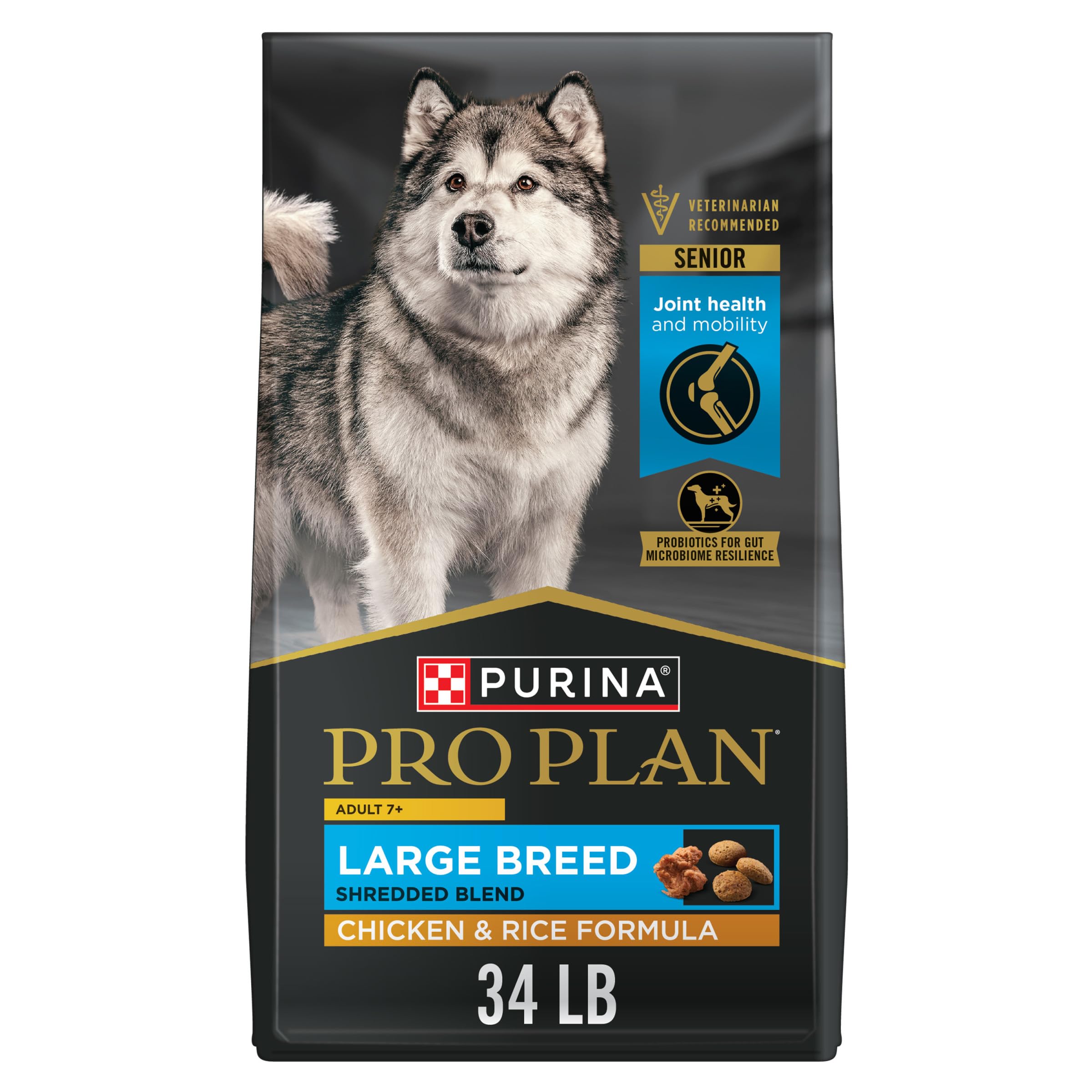 Purina Pro Plan Large Breed 7 Plus bag front with senior nutrition for joints