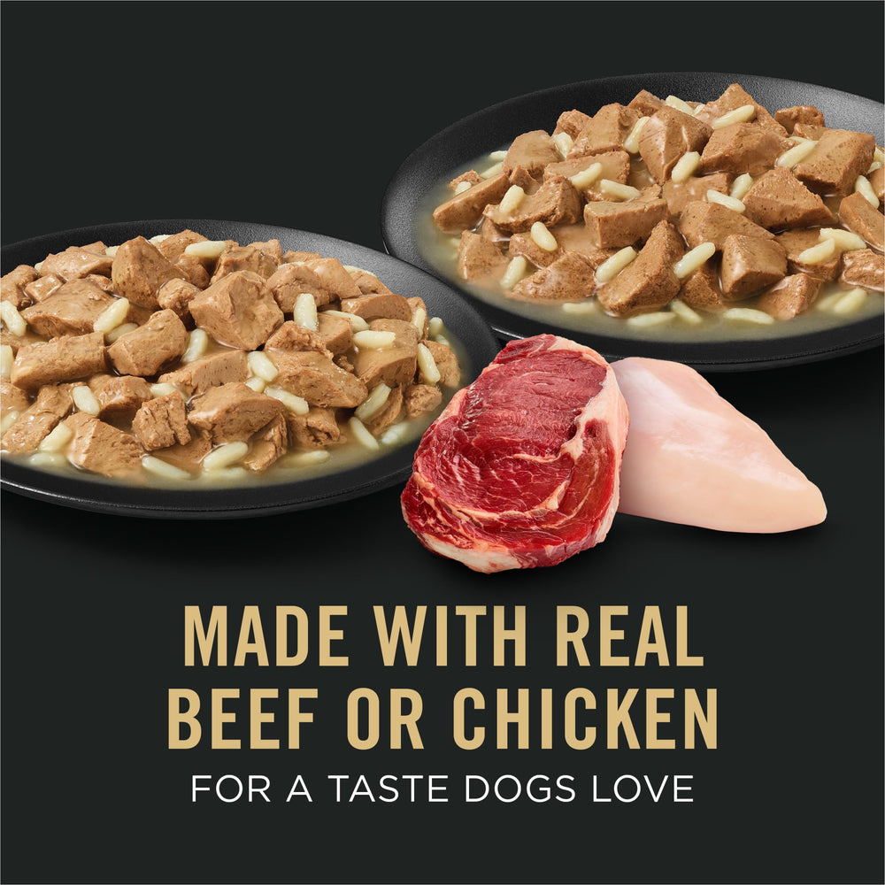 Purina Pro Plan Large Breed Beef and Rice in Gravy can with savory gravy.