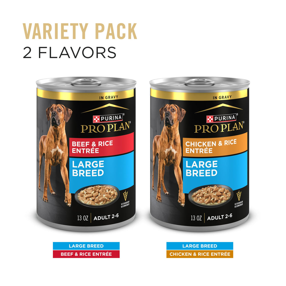Purina Pro Plan Large Breed Chicken and Rice in Gravy can with tender chunks.